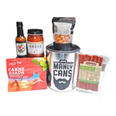DDR BBQ Supply Manly Cans SmoCAN gift set featuring spicy beef jerky, beef sticks, hot sauce, salsa, and peanuts.