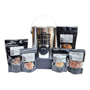 DDR BBQ Supply Manly Cans nut gift set featuring a metal bucket and five assorted snack pouches on a white background