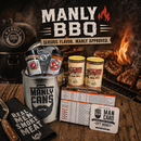 DDR BBQ Supply Manly Cans gift set featuring assorted seasonings, a meat temperature magnet, and a branded tin.