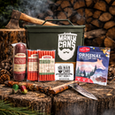DDR BBQ Supply Manly Cans meat gift set featuring beef jerky, sausage, and snack sticks in a green metal ammo can.