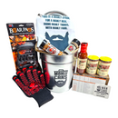 DDR BBQ Supply Manly Cans 3.5 gallon gift set with apron, meat claws, heat-resistant gloves, seasonings, and sauce.