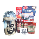 DDR BBQ Supply Manly Cans CANivore Plus meat gift set with beef jerky, summer sausage, and snack sticks in a metal can
