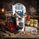 DDR BBQ Supply Manly Cans 3.5 gallon gift set featuring a galvanized bucket, apron, BBQ sauces, and grilling tools.