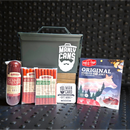 The Manly Cans 30 Cal CANivore Meat Gift Can features summer sausage, beef sticks, jerky, a Man Card, and comes in a signature green can—perfect for a delicious snack assortment.