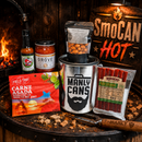 DDR BBQ Supply Manly Cans SmoCAN Hot Gift Can featuring spicy beef jerky, beef sticks, hot sauce, salsa, and peanuts.