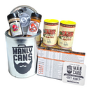 DDR BBQ Supply Manly Cans gift set featuring four seasoning shakers, a meat smoking guide, and a Man Card in a tin.