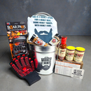 DDR BBQ Supply Manly Cans 3.5 gallon gift set with apron, meat claws, heat-resistant gloves, seasonings, and sauce.