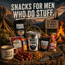 DDR BBQ Supply Manly Cans snack gift set with beef sticks, trail mix, and peanuts in a reusable metal can by a campfire