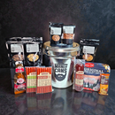 DDR BBQ Supply Manly Cans 3.5 gallon steel gift can filled with assorted beef jerky, meat sticks, nuts, and snacks.