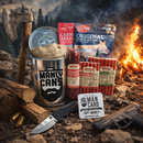 DDR BBQ Supply CANivore Plus meat gift set featuring beef jerky, summer sausage, and snack sticks in a metal can.