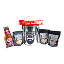 DDR BBQ Supply Manly Cans Nut Gift Can Mini featuring a steel bucket, assorted peanut bags, and a salted nut roll.