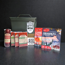 The Manly Cans 50 Cal CANivore Meat Gift Can by Manly Cans is shown on a dark surface with summer sausage, beef sticks, two Field Trip beef jerky packs, and a Man Card in front.