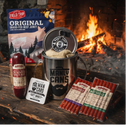DDR BBQ Supply Manly Cans CANivore meat gift set featuring beef jerky, summer sausage, and snack sticks by a campfire