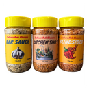 Experience bold flavor with the Culture Hot Sauce Rub Collection Set from Culture Hot Sauce. This set features three spice jars with yellow lids: “BAR SAUCE RUB” with garlic, “KITCHEN SINK RUB” featuring vegetables in a sink, and “BLINDSIDED” with a chili pepper—each part of the Culture Rub Classics series. Perfect as rib rubs or for adding creative zest to any dish!.