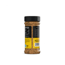 Rufus Teague Chick N' Rub by Rufus Teague comes in a plastic spice jar with a black lid and a yellow-black label showing nutritional facts. The reddish-brown blend is ideal for poultry seasoning or as a chicken rub, shown against a white background.