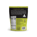 Back view of a green and black Rufus Teague Dill Pickle Peanuts bag. The resealable snack bag features nutrition facts, ingredients, a tangy dill pickle peanut description, and the phrase EAT & REPEAT.