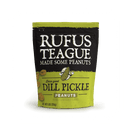 A green and black bag of Rufus Teague Dill Pickle Peanuts features pickle and roasted peanut illustrations, with packaging that highlights the tangy BBQ flavor as “Made Some Peanuts” and “Darn Good Dill Pickle.”.