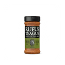 Rufus Teague Meat Rub is a gluten-free BBQ rub with herbs and spices, packaged in a bottle with a black lid and green and black label featuring a bearded man logo—perfect for your next barbecue.