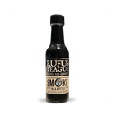 A bottle of Rufus Teague Smoke In a Bottle Liquid Smoke, hickory BBQ flavor, with a black cap and beige label bearing bold black and white text, stands upright on a plain white background.