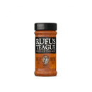 A bottle of Rufus Teague Spicy Meat Rub, featuring a black lid and orange-brown BBQ seasoning inside, delivers bold barbecue flavor with a spicy kick.