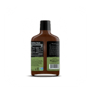 A bottle of Rufus Teague Steak Sauce by Rufus Teague shown from the back, highlighting its mostly black label with white and green text, nutrition facts, ingredients, a barcode, and usage info for pairing with meat.