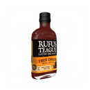 A bottle of Rufus Teague Tres Chiles Pica Dulce BBQ Sauce features three peppers and text highlighting its Latino-inspired sweet heat and pepper flavor profile.