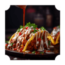 A close-up of tacos with seasoned ground meat, tomatoes, and herbs topped with creamy sauce. A hand pours Rufus Teague Tres Chiles Pica Dulce BBQ Sauce for a Latino-inspired pepper flavor, all on a dark plate.
