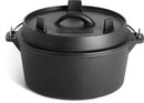 The Napoleon Cast Iron Dutch Oven 4.5qt (56062) by Napoleon Grills features a black porcelain-coated finish, side handles, and a dual-purpose lid embossed with the brand name.