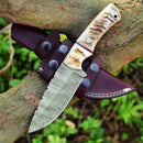 The Texan Knives Custom Handmade Damascus Steel Skinning Knife features a 4.5-inch sheep horn handle and rests on a brown leather sheath, displayed on a tree branch with green foliage in the background.