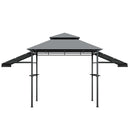 A DirectDeals 13.5 x 4 Feet Patio BBQ Grill Gazebo Canopy with Dual Side Awnings in black metal, featuring a double-tiered gray roof, four legs, and open sides is shown front-facing on a white background.