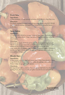 An image of a recipe card with three recipes—Fresh Salsa, Spicy Fajitas, and a Bloody Mary—overlaid on orange peppers. Each uses Saltopia Habañero Salt: HOT HEAD by SALTOPIA Infused Sea Salts for bold pepper flavor. SALTOPIA logo below.