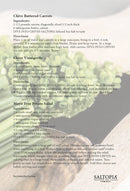 A recipe card for Chive Buttered Carrots, Chive Vinaigrette, and Mayo-Free Potato Salad, using easy steps and fresh ingredients—finished with SALTOPIA Infused Sea Salts’ DIVE INTO CHIVES chive salt. SALTOPIA logo appears at the bottom.