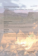 A recipe card with a translucent background overlays a beach sunset, featuring smoked butternut squash soup, roasted chicken, and baked fish—each using SALTOPIA Infused Sea Salts' GREAT OUTDOORS Applewood Smoked Salt. The SALTOPIA logo appears at the bottom.