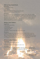 An image of a recipe card features Melt-In-Your-Mouth Steak and Hickory Sweet Salmon using SALTOPIA Infused Sea Salts' Saltopia Hickory Salt: CABIN FEVER. Ingredients, directions, and the SALTOPIA logo are shown at the bottom right.