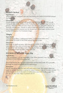 A recipe sheet features Grilled Chicken and Tilapia, each seasoned with PUCKER UP BUSTER Lemon Pepper Salt by SALTOPIA Infused Sea Salts, offering a hint of rosemary and lemon, plus recipe ideas and SALTOPIA branding at the bottom.