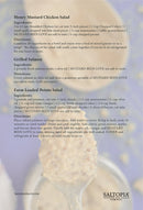 A recipe card highlights Honey Mustard Chicken Salad, Grilled Salmon with SALTOPIA Infused Sea Salts’ French Mustard Salt: MUSTARD BEEN LOVE, and Farm Loaded Potato Salad, with ingredients and directions in black over a blurred cooking image and SALTOPIA logo.