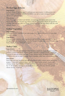 Recipe sheet with onions and garlic features Deviled Eggs & Bacon, Grilled Vegetables, and Turkey Chili—made with SALTOPIA Infused Sea Salts’ EUREKA SWEET PAPRIKA Paprika & Onion Salt. SALTOPIA Salts logo is at the bottom right.