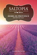 A vibrant SALTOPIA Infused Sea Salts label shows a lavender field at sunset. It reads Saltopia Herbs De Provence Seasoning Salt, with SaltopiaSalts.com displayed at the bottom.