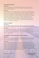 A recipe card features Prime Rib & Potatoes with SALTOPIA Infused Sea Salts Pink Himalayan Salt and Roasted Chicken with Saltopia Herbs De Provence Seasoning Salt, printed in brown and black on a beige background.