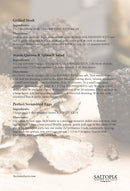 A recipe page features Grilled Steak, Warm Quinoa & Spinach Salad with SALTOPIA Infused Sea Salts’ Truffle Salt (Black Italian Truffles: KROSSED KEYS), and Perfect Scrambled Eggs. Ingredients appear over mushrooms and quinoa with SALTOPIA branding below.