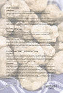 A recipe card featuring Beef Tenderloin, DIRTY WEDDING Eggs, and pasta with SALTOPIA Truffle Salt (White Italian Truffles: DIRTY WEDDING) is organized with clear headings and black font over a blurred potato background.