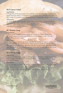 A recipe card titled "BLT Caesar Salad" showcases three recipes using Saltopia BLT Salt: BACON. LETTUCE. TOMATO. by SALTOPIA Infused Sea Salts, set against a blurred BLT sandwich with the SALTOPIA logo at the bottom.