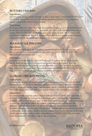 A recipe card displays three dishes—Buttery Chicken, Polish Style Poultry, and 3 Cheese Chicken Penne—over a photo of roasted chicken, potatoes, and carrots seasoned with Saltopia Best Poultry Salt: POLITE POULTRY by SALTOPIA Infused Sea Salts.