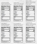 Six nutrition labels and ingredient lists for SALTOPIA Infused Sea Salts blends, including heart healthy options and Saltopia Maple Mustard Seasoning Low Sodium: ANOTHER ONE BITES, are shown in two rows on a light gray background.