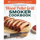 A rack of grilled ribs on a wooden cutting board with a knife and a small bowl of sauce, featured on the cover of The Ultimate Wood Pellet Grill Smoker Cookbook: 100+ Recipes for Perfect Smoking - Paperback.