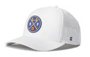 The Haka Hat San Francisco Basketball Performance 5-Panel Hat features a white design with a round patch on the front displaying a yellow bridge, crossed lines, a basketball, and the letters S and F—an homage to San Francisco basketball. This Haka Hat comes in a comfortable Flexfit snapback style with small side perforations for ventilation.