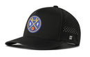 Introducing the Haka Hat San Francisco Basketball Performance 5-Panel Hat | SF X Flexfit Snapback by Haka Hat—a black, water repellent hat featuring a blue and yellow circular logo with a bridge, crossed lines, the letters S and F, and a basketball for iconic San Francisco basketball style. Designed for performance and comfort, this hat includes perforated back panels for breathability, Flexfit snapback closure for adjustable fit, and a small H logo on the side.
