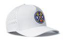 Introducing the Haka Hat San Francisco Basketball Performance 5-Panel Hat, an SF X Flexfit Snapback by Haka Hat. This white cap showcases a round blue and yellow front logo with a bridge, basketball, and the letters S and F. Featuring ventilation holes on the sides, this snapback delivers all-day comfort while capturing classic team-inspired style.