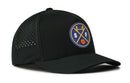 The Haka Hat San Francisco Basketball Performance 5-Panel Hat | SF X Flexfit Snapback is a black water-repellent hat featuring a round logo with a yellow bridge, crossed lines, the letters S and F, and a small basketball at the bottom. Designed for comfort, it includes small ventilation holes on the sides.