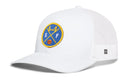 The Haka Hat San Francisco Basketball Trucker Hat | SF X Snapback features a white mesh design with a solid front panel and breathable mesh back and sides. A blue and yellow circular patch on the front displays “SF,” a bridge, and a basketball, capturing the spirit of San Francisco hoops. Finished with a small black-and-white side tag, this Haka Hat snapback is perfect for fans seeking an iconic SF look.